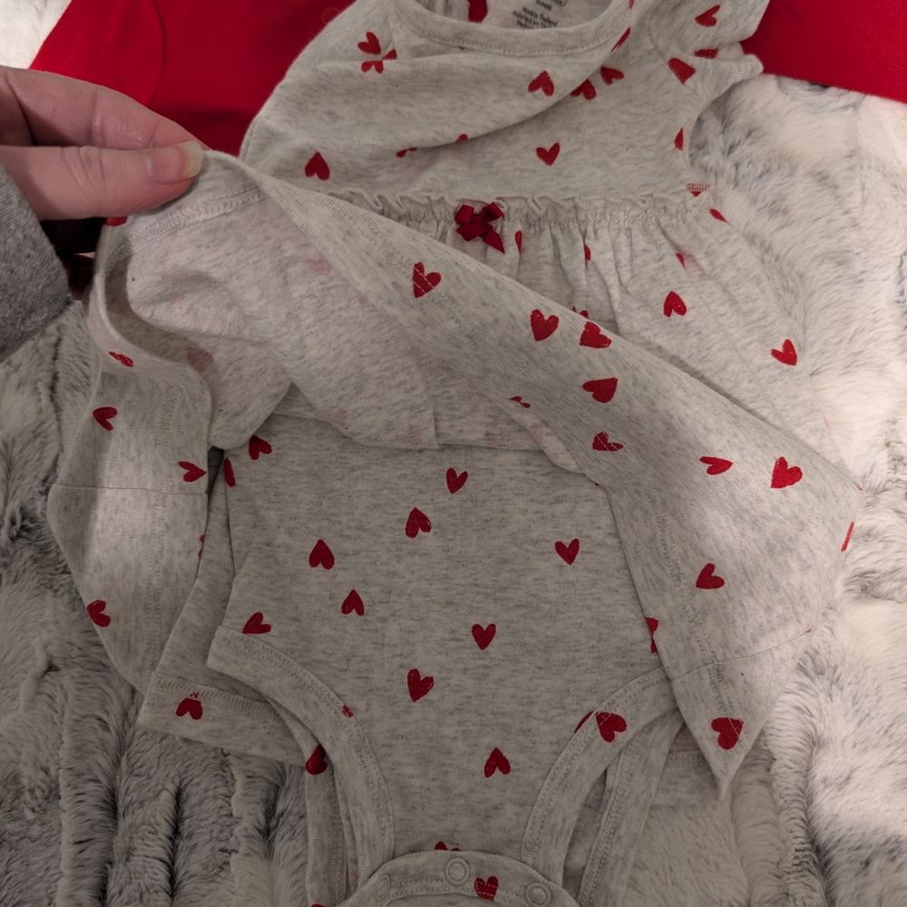 Carter's Gray Dress with Red Heart Pattern Onesie And Red Cardigan 6-9 Month Set - Picture 3 of 6